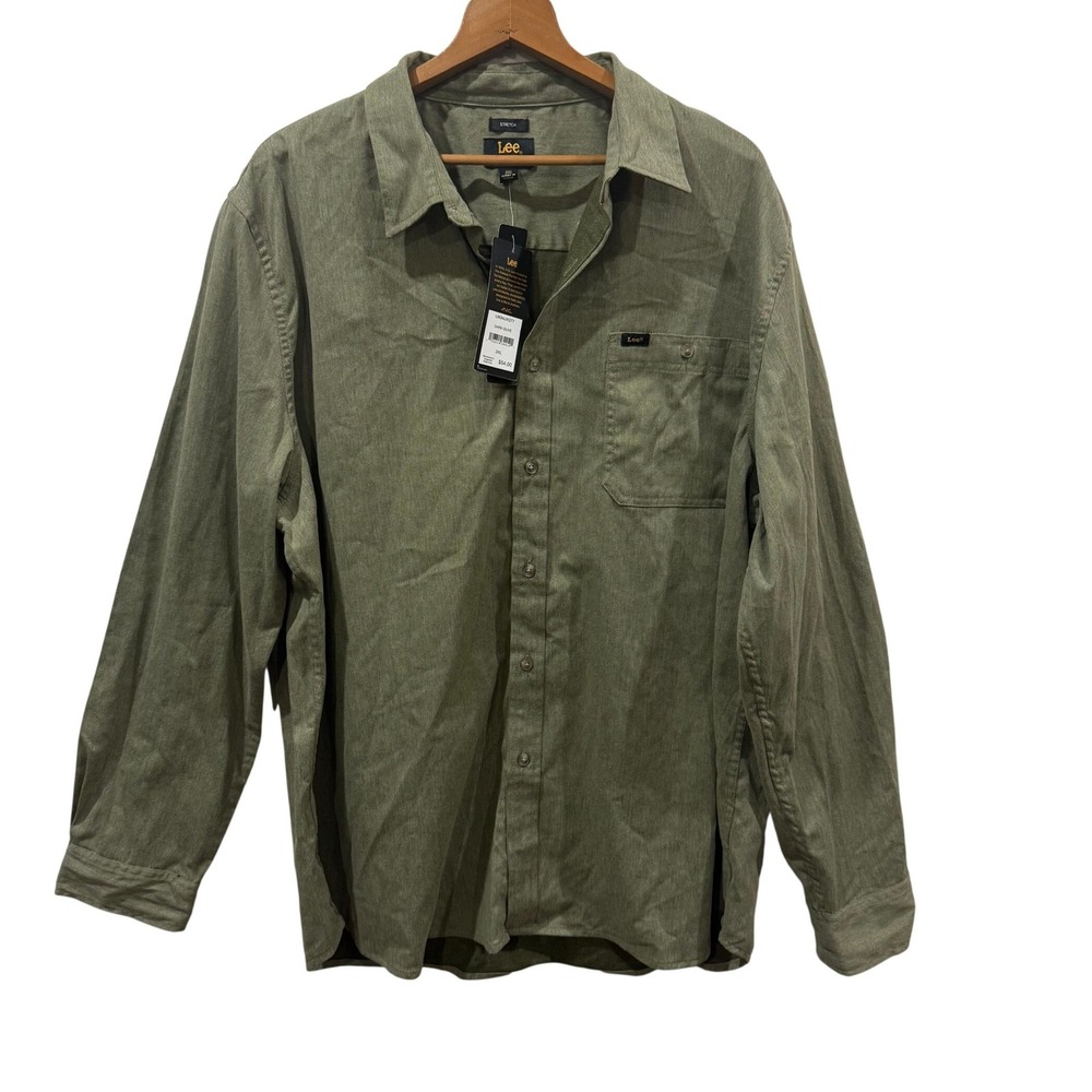 Lee Mens Regular Fit Stretch Long Sleeve Button Down Shirt‎ XXL Dark Olive Green